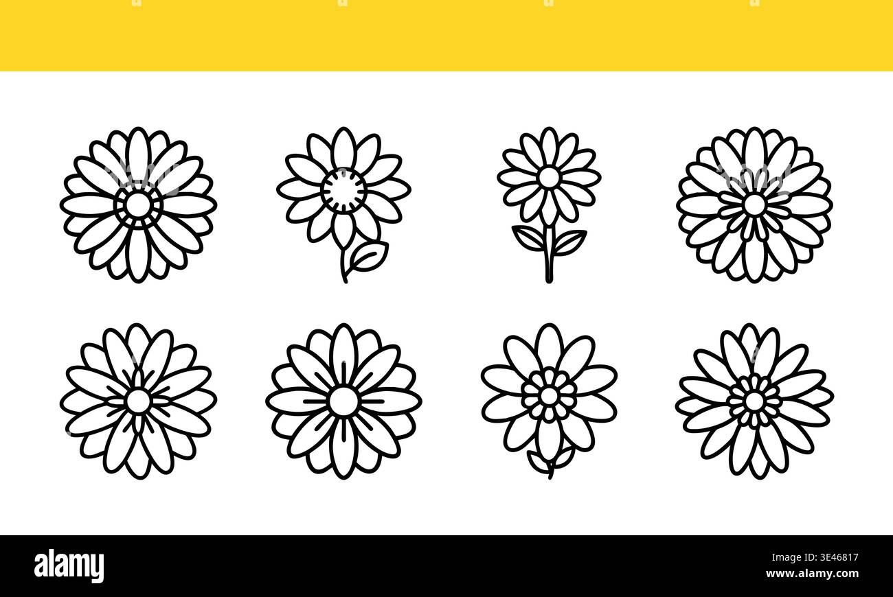 Daisy flower line art icon collection with minimal outline variations ...