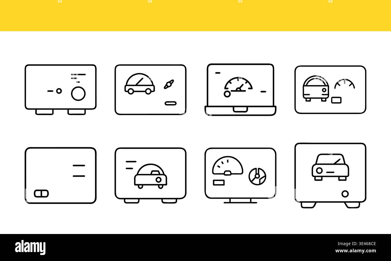Car dashboard interface line icon collection with vehicle monitor and ...