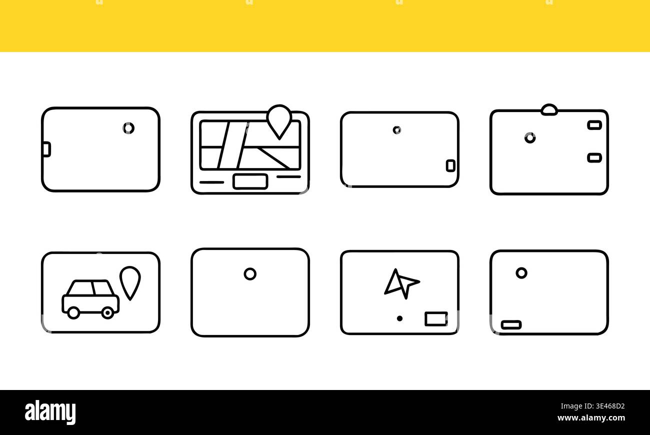 Map and location interface line icon collection with navigation and GPS screen concepts. Stock Vector