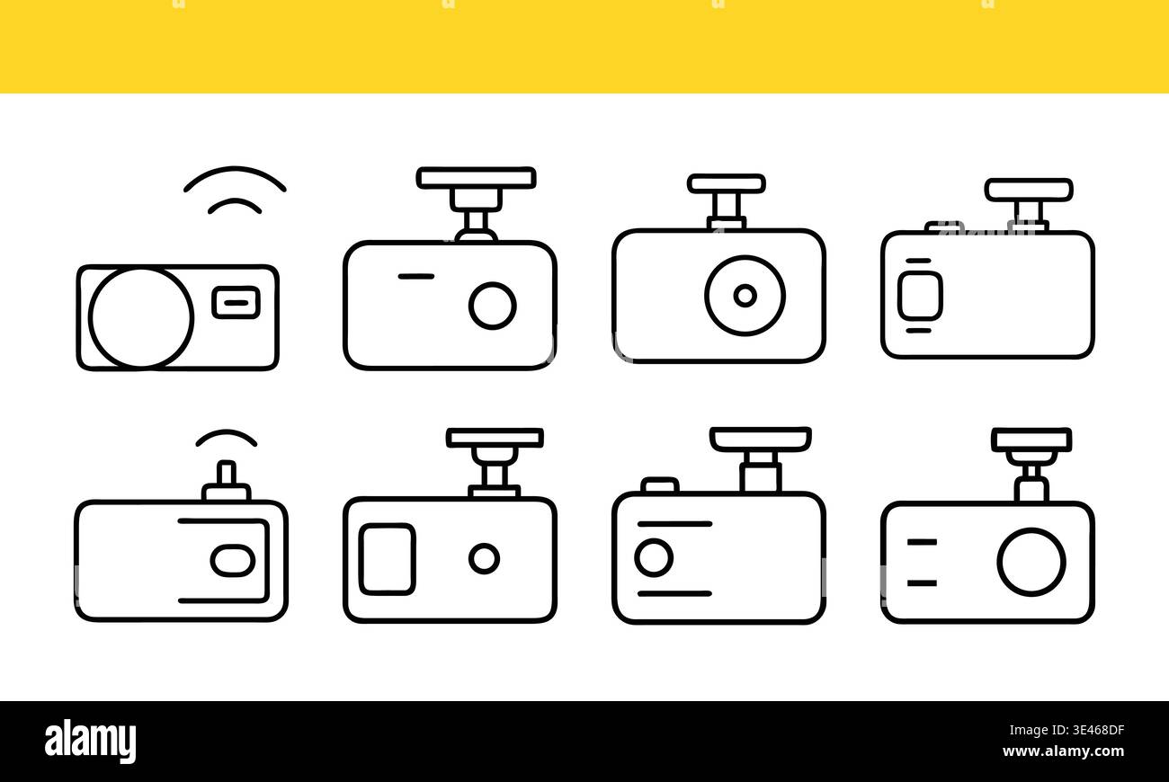 Dashboard camera line icon collection with wireless recording concepts. Stock Vector