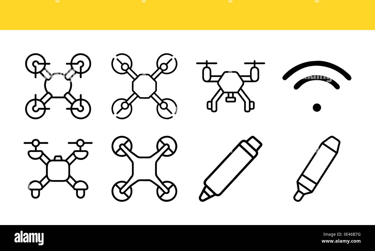 Drone technology line icon collection with wireless signal symbol. Stock Vector