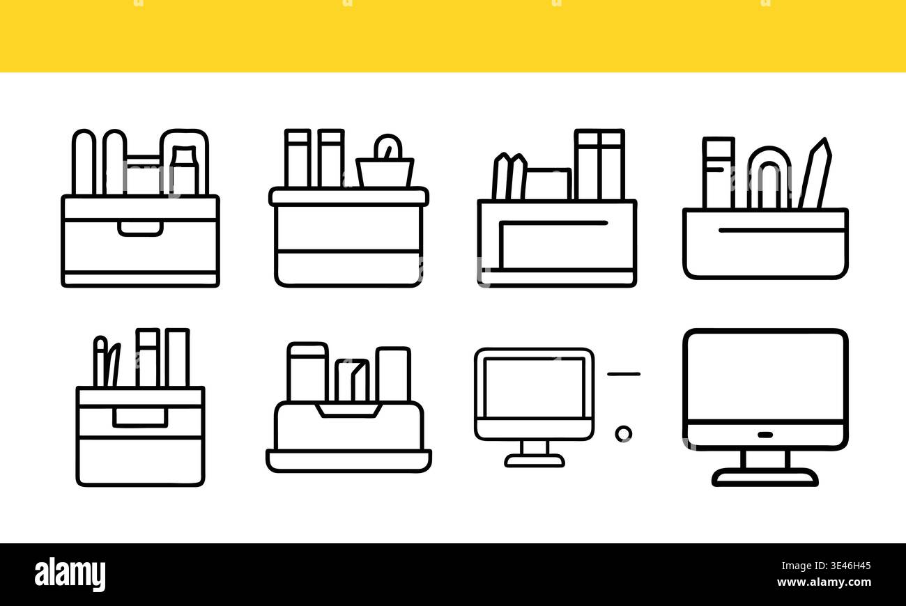 Organized office desk setups with various stationery and computer arrangements isolated on transparent background Stock Vector
