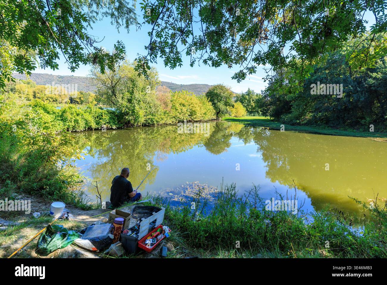 France, Ardeche, Vion, Ile de Love, Lone de Lemps, fisherman Stock Photo