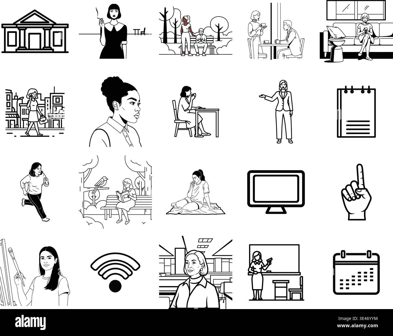 Illustrations depicting various modern work and study environments and ...