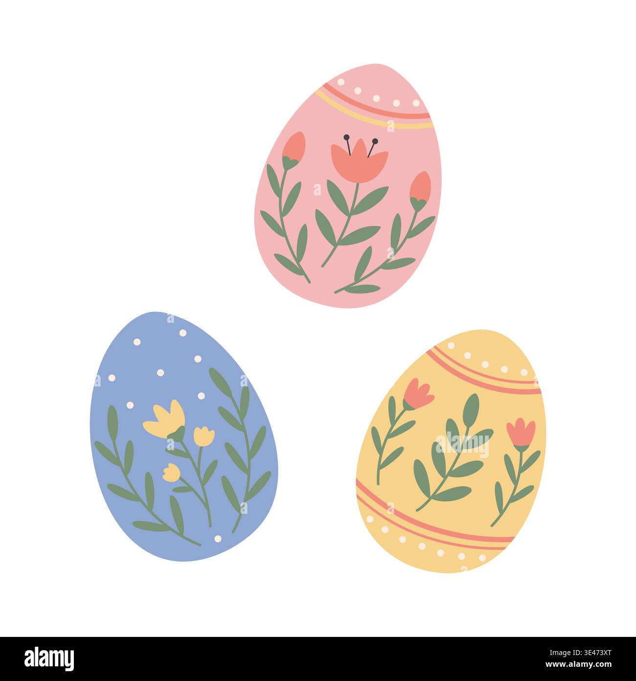 Cute pastel Easter eggs with floral patterns. Vector flat illustration Stock Vector
