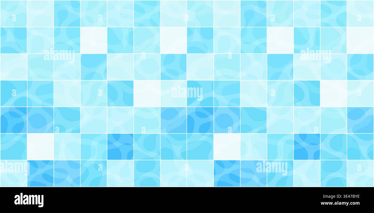 Blue pool tile mosaic pattern with water reflection and square grid ...