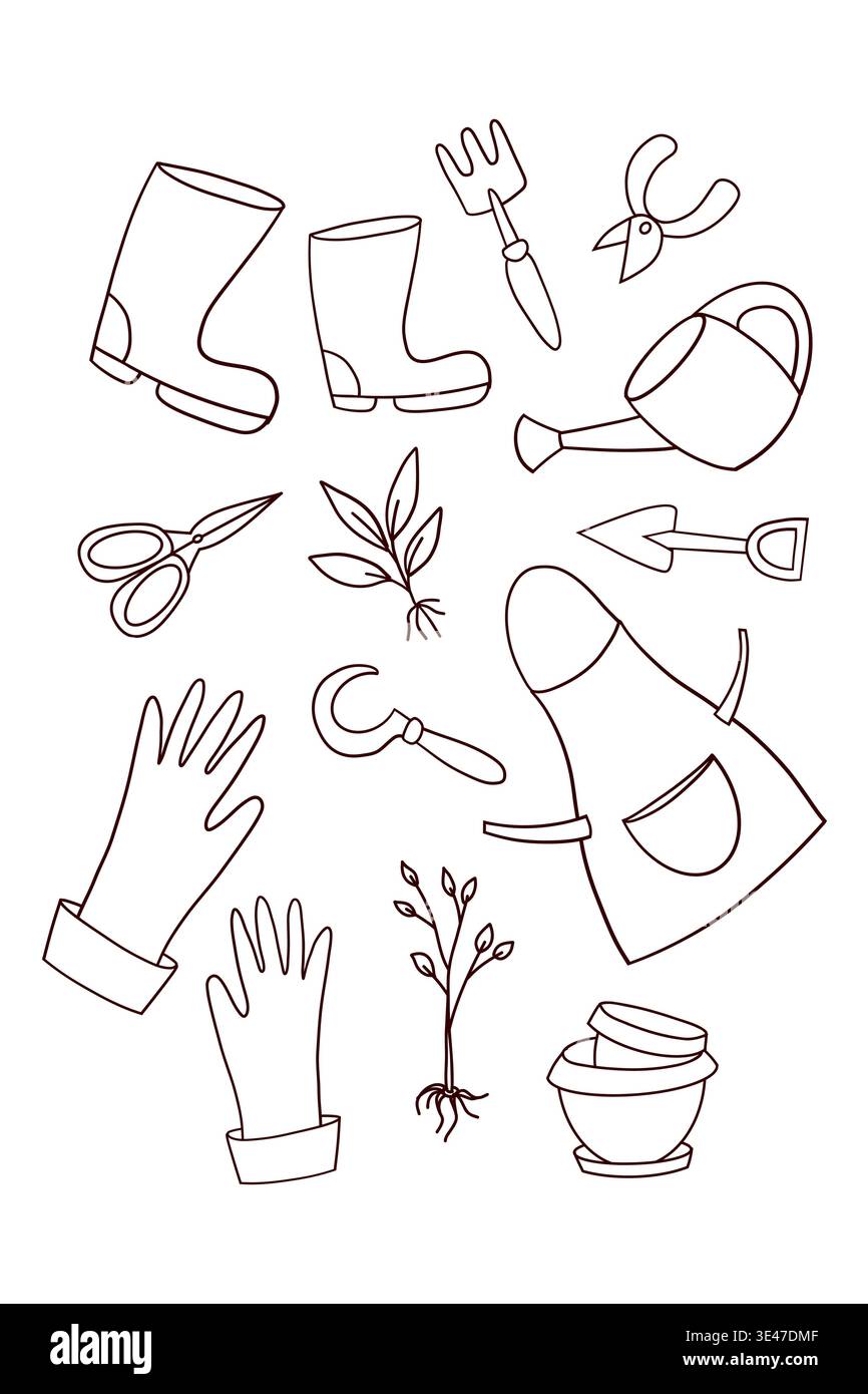 Cute seamless pattern with gardening tools and spring elements in outline style. Stock Vector