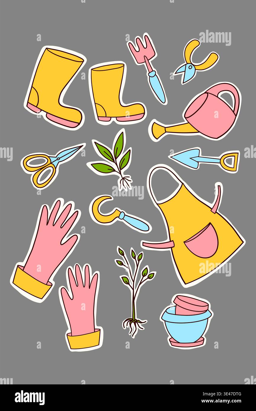Gardening tools sticker collection in pastel colors on gray background Stock Vector