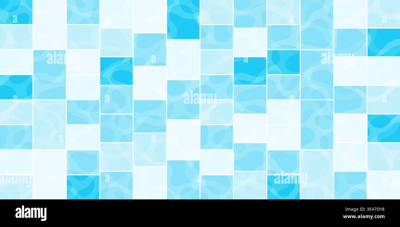 Blue pool tile mosaic pattern with water reflection and rectangular grid creating a realistic swimming pool background Stock Vector