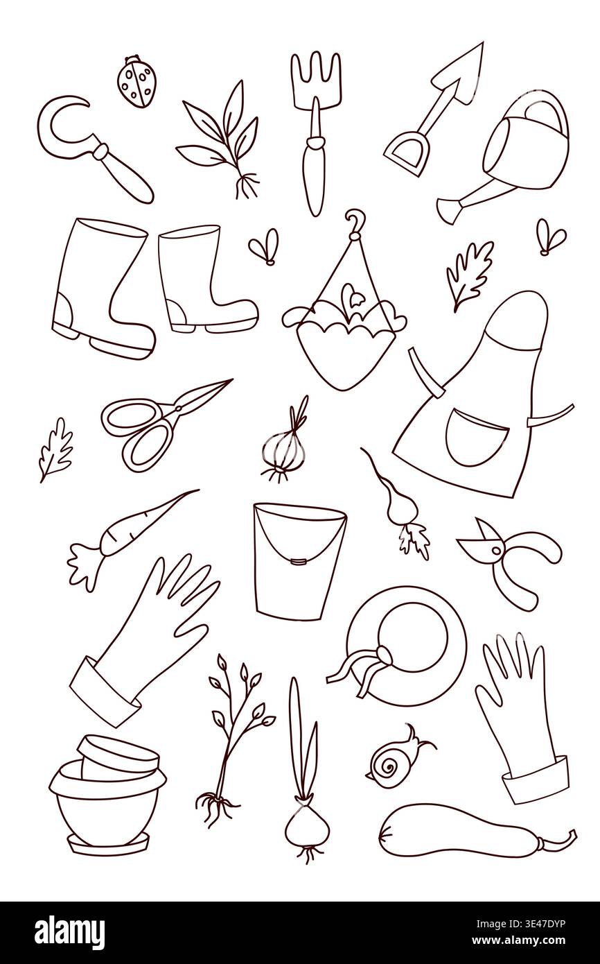 Cute seamless pattern with gardening tools and spring elements in outline style. Stock Vector