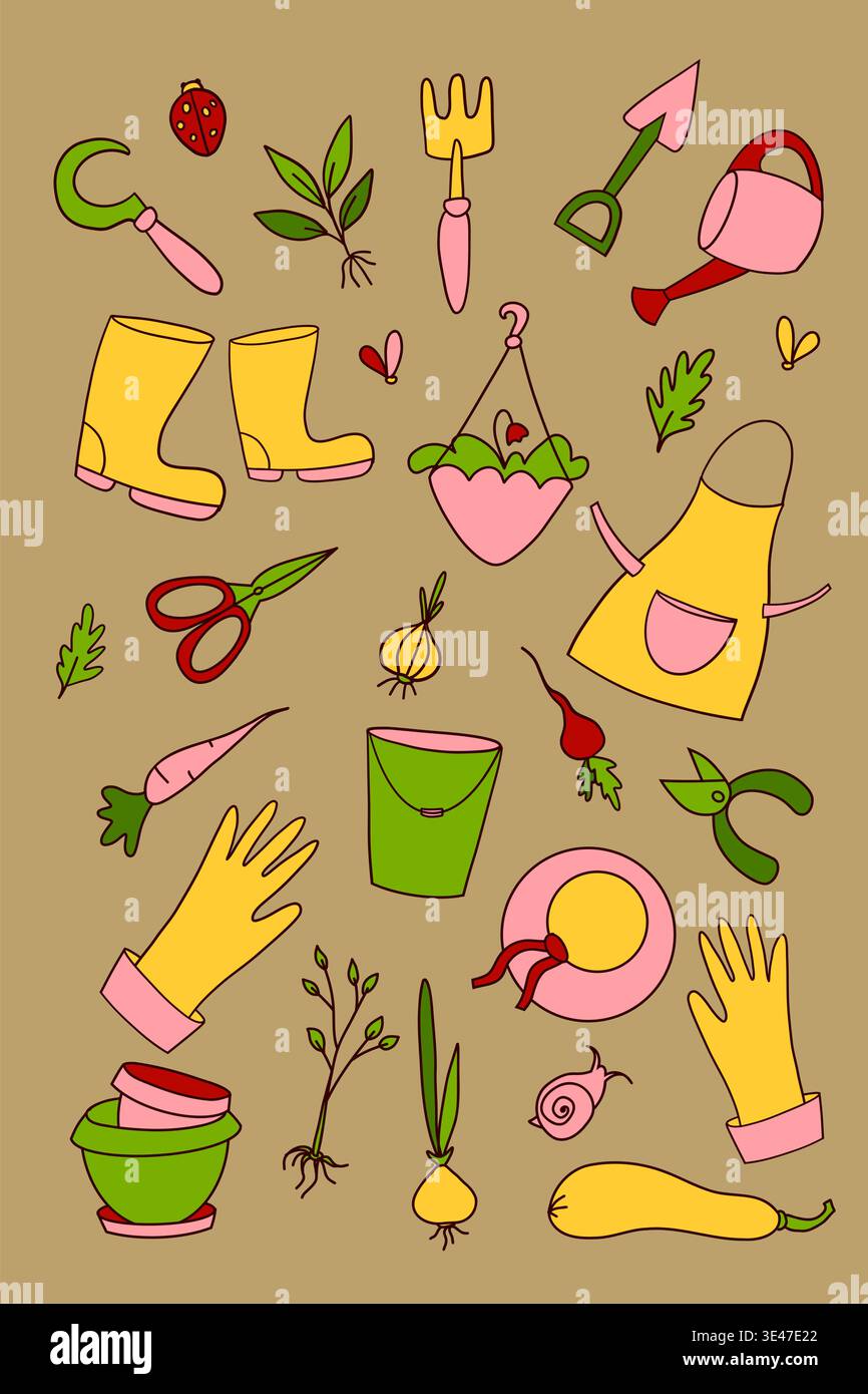 Bright cute gardening seamless pattern with yellow boots and tools on a beige background Stock Vector