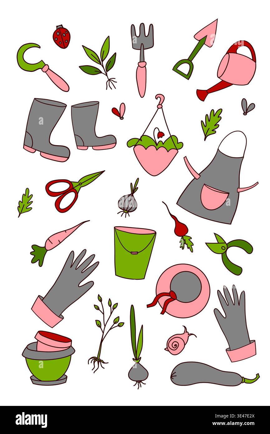 Cute gardening tools and spring elements seamless pattern in pastel colors Stock Vector