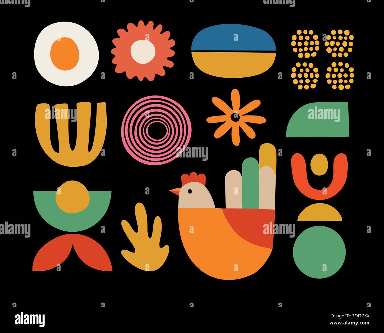 Scandinavian Folk Art Vector Set. Abstract Flowers, Bird Chicken. Organic Geometric Shapes. Colorful Modern Nordic Easter Illustration. Minimal Flat Stock Vector