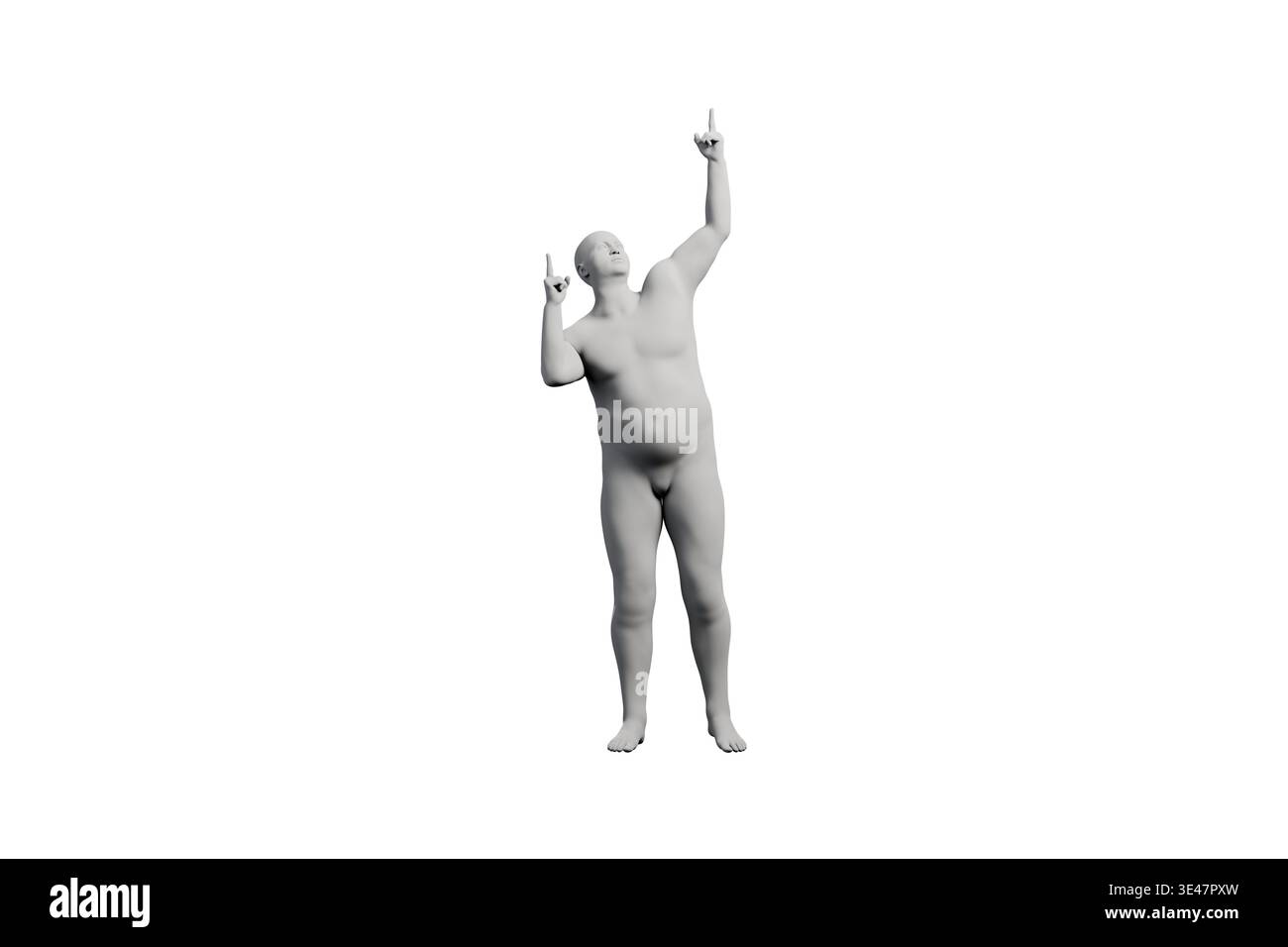 3D Fat Man pointing Front View Matte Black White Stock Photo