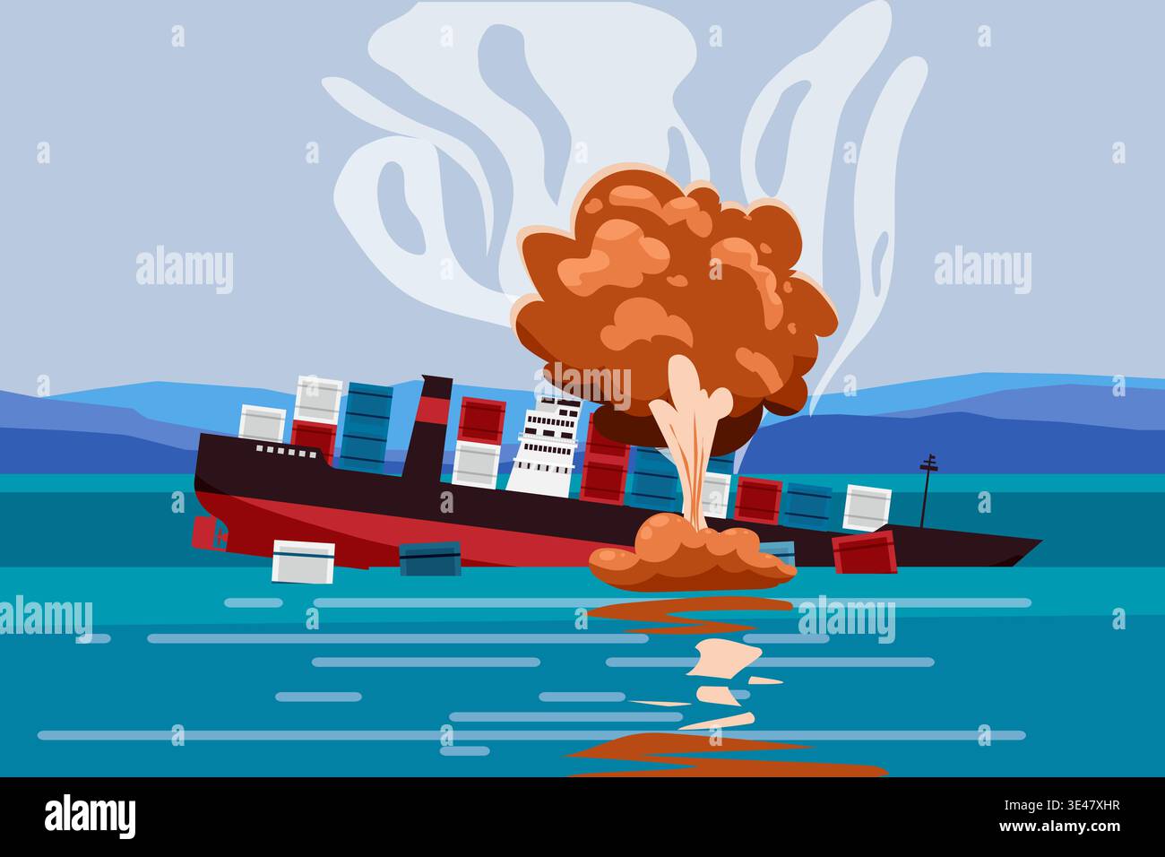 Cargo Ship Explosion at Sea Container Vessel Accident Stock Vector