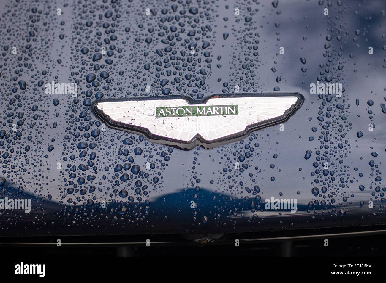LONDON - FEBRUARY 2, 2026: Close-up of Aston Martin wings logo on wet car bonnet with raindrops Stock Photo