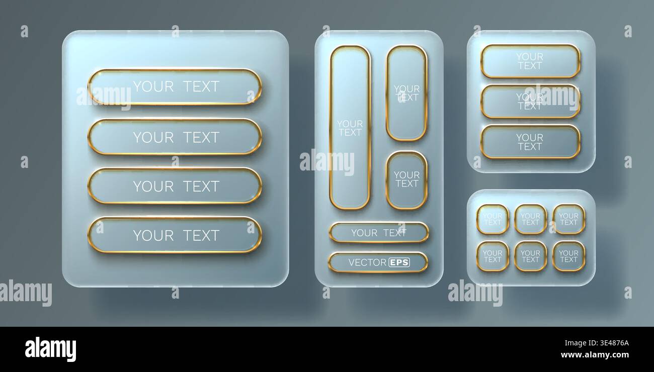 Modern glassmorphism UI elements with frosted buttons and golden ...