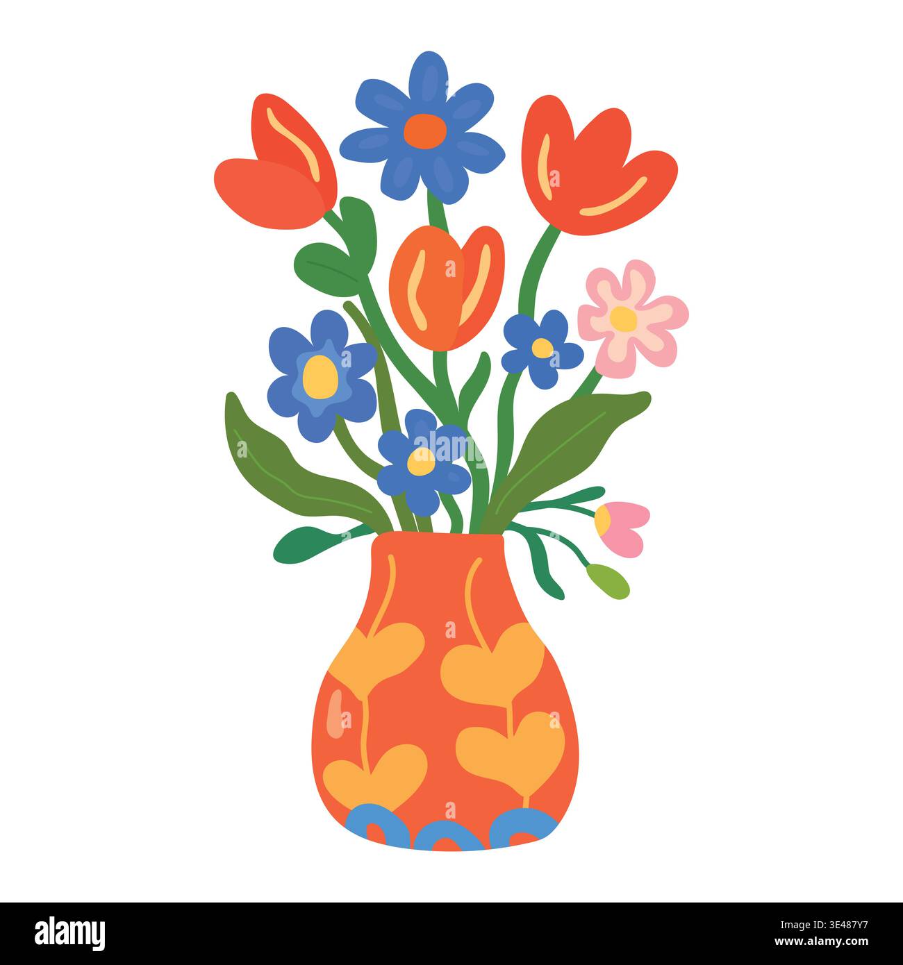 Orange patterned dopamine vase with bright spring flowers art Stock Vector