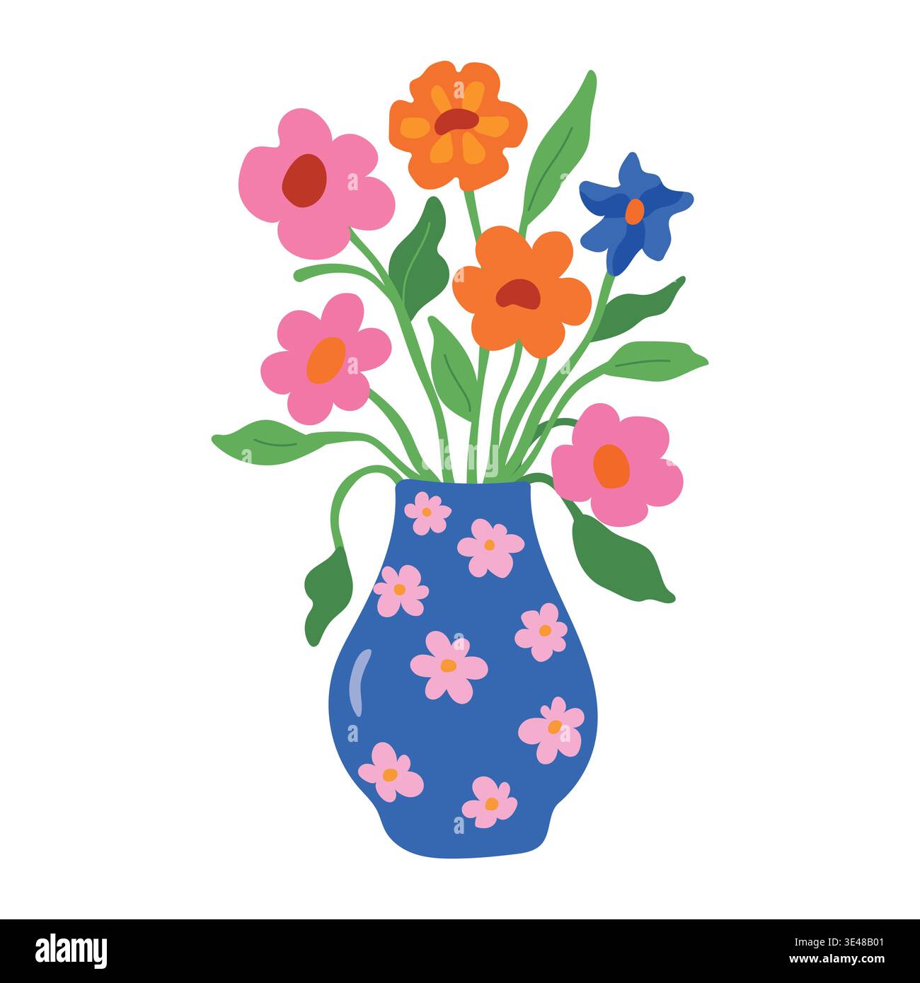 Blue patterned vase with bright spring flowers flat art vector Stock Vector