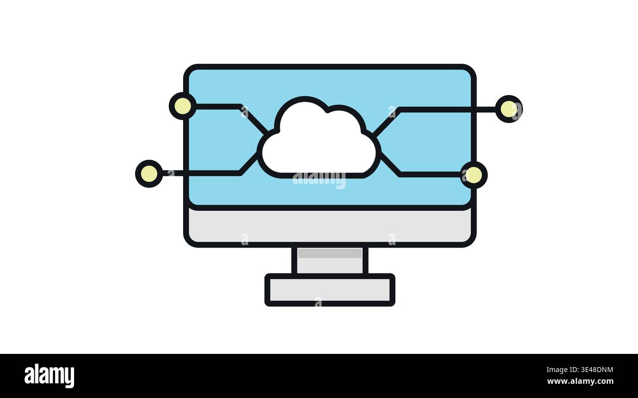 Cloud computing concept icon with desktop computer and circuit network on screen Stock Vector