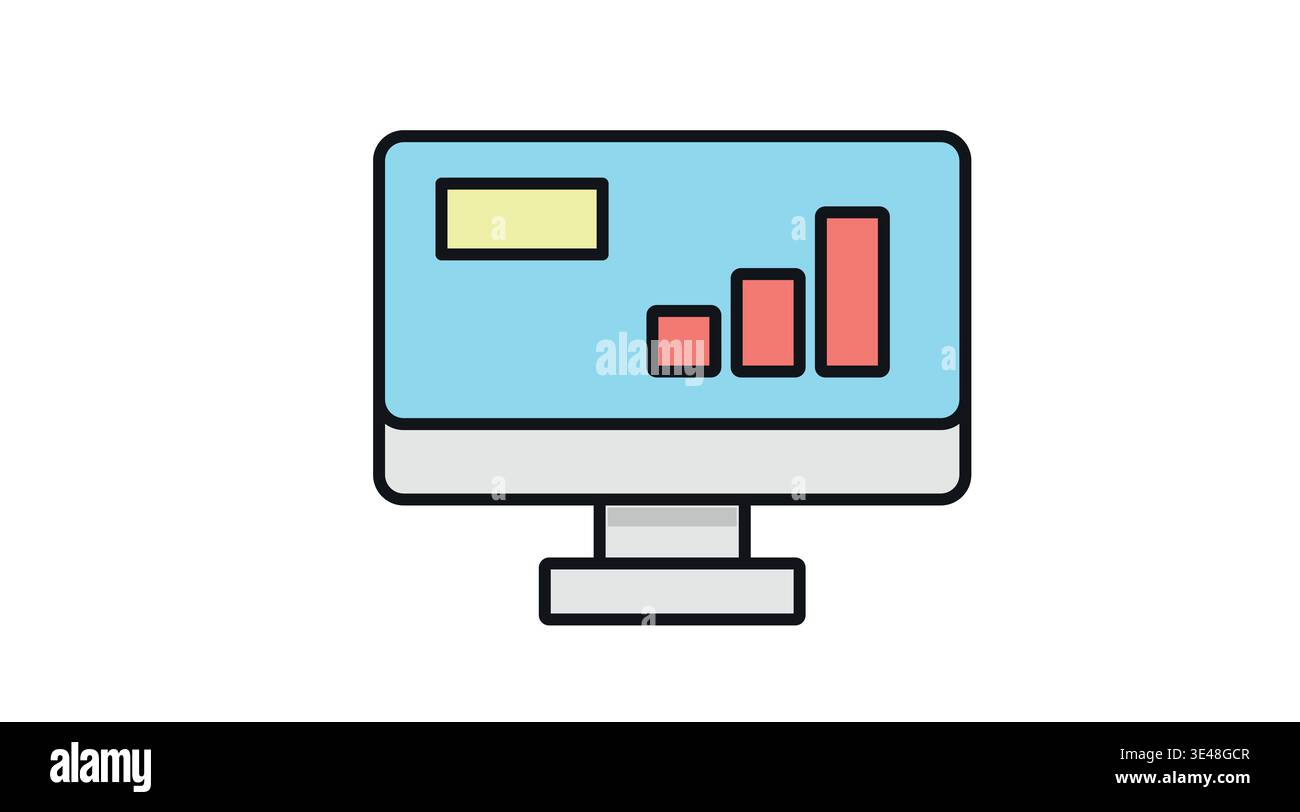Desktop computer with data analytics charts on screen. Stock Vector
