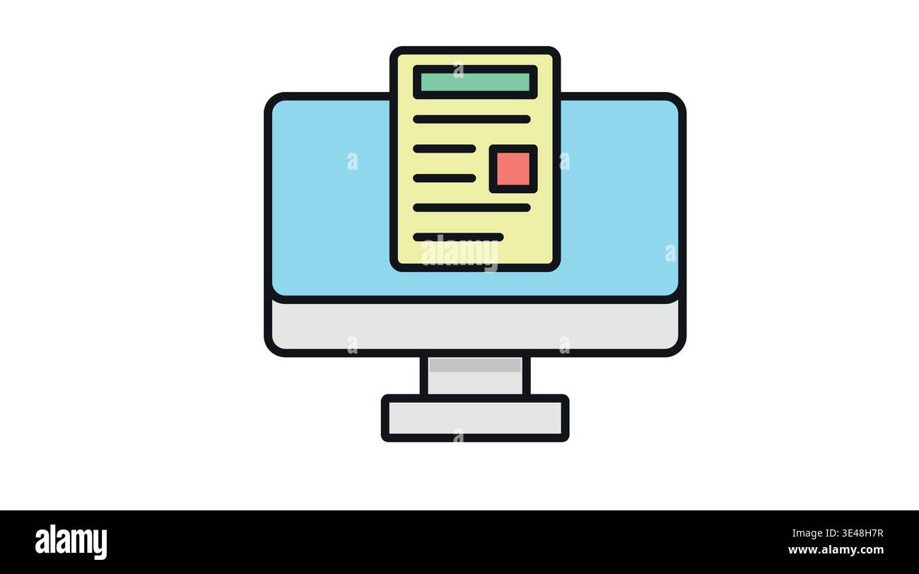 Desktop computer with digital report on screen, flat vector icon in pastel colors. Stock Vector