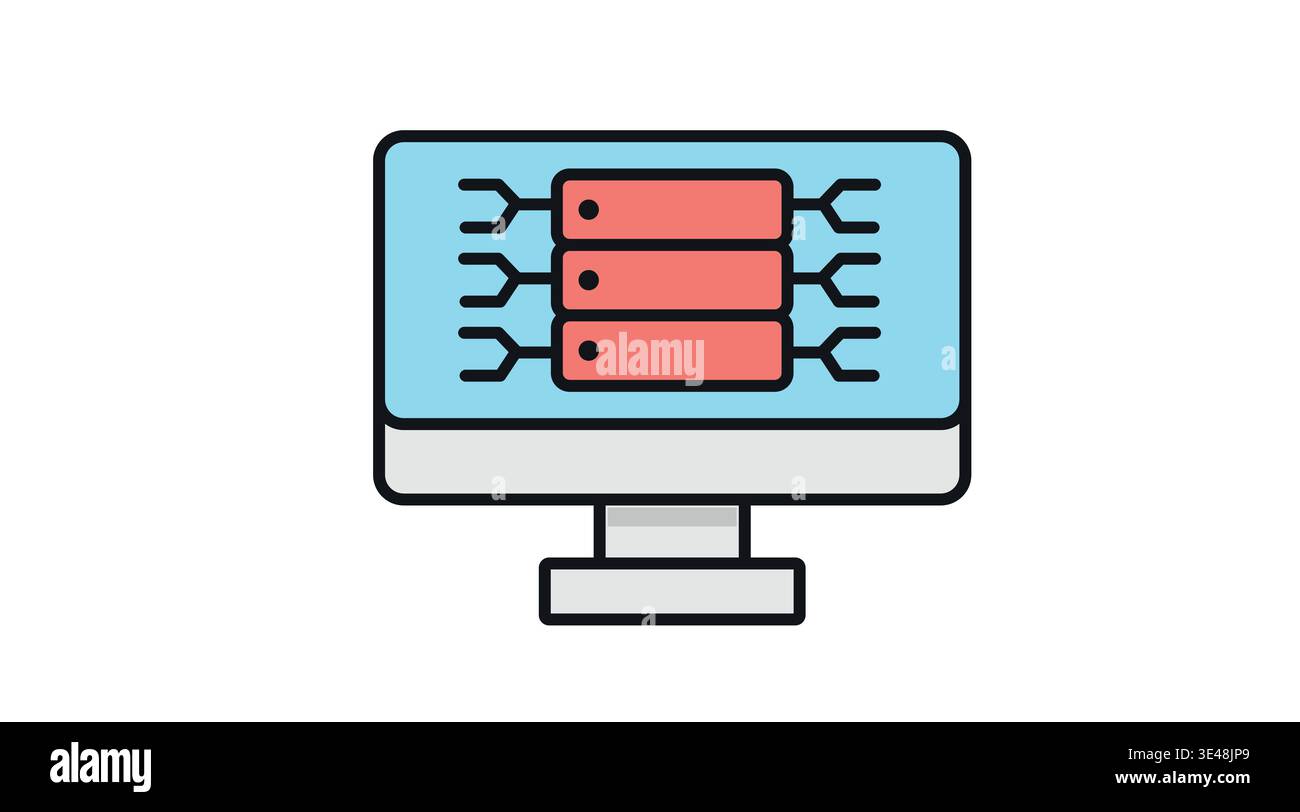 Desktop computer with server rack on screen, flat vector icon in soft colors. Stock Vector