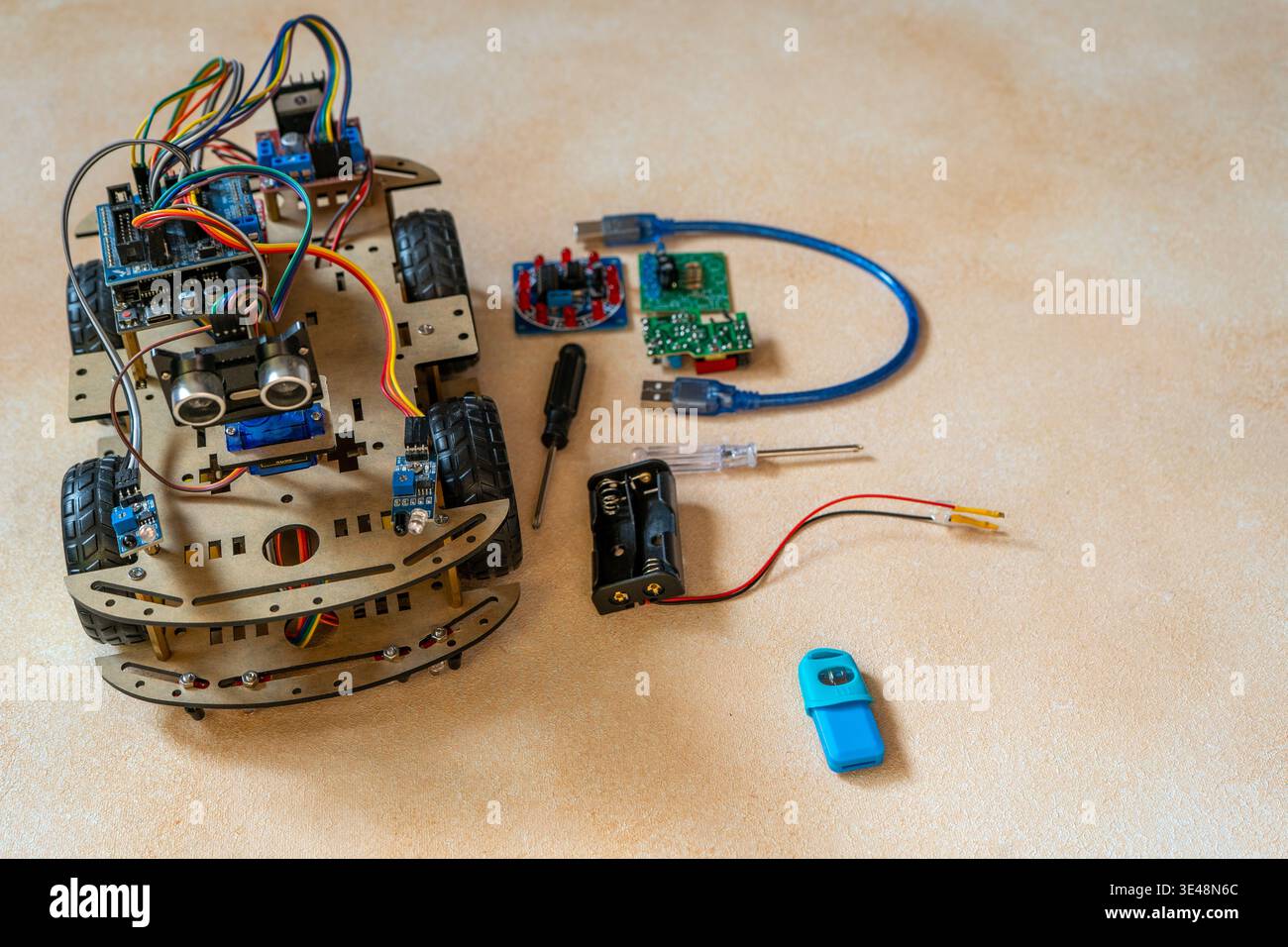 Robot Car components. Educational electronics project for STEM learning and robotics. DIY Stock Photo