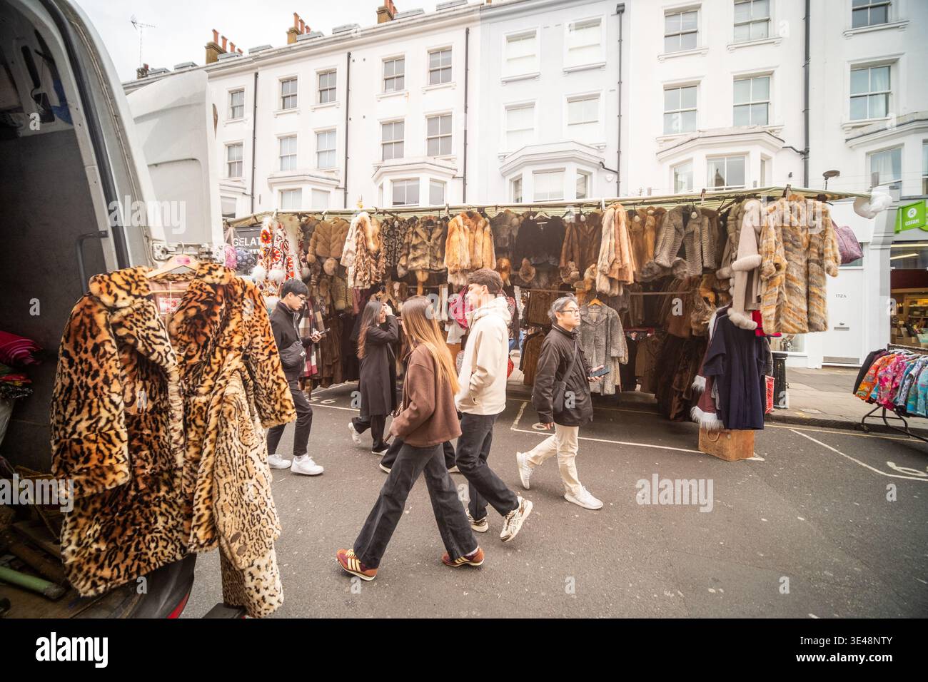 LONDON - FEBRUARY 26, 2026: Vintage fur and leopard print coat stall on Portobello Road Notting Hill Stock Photo