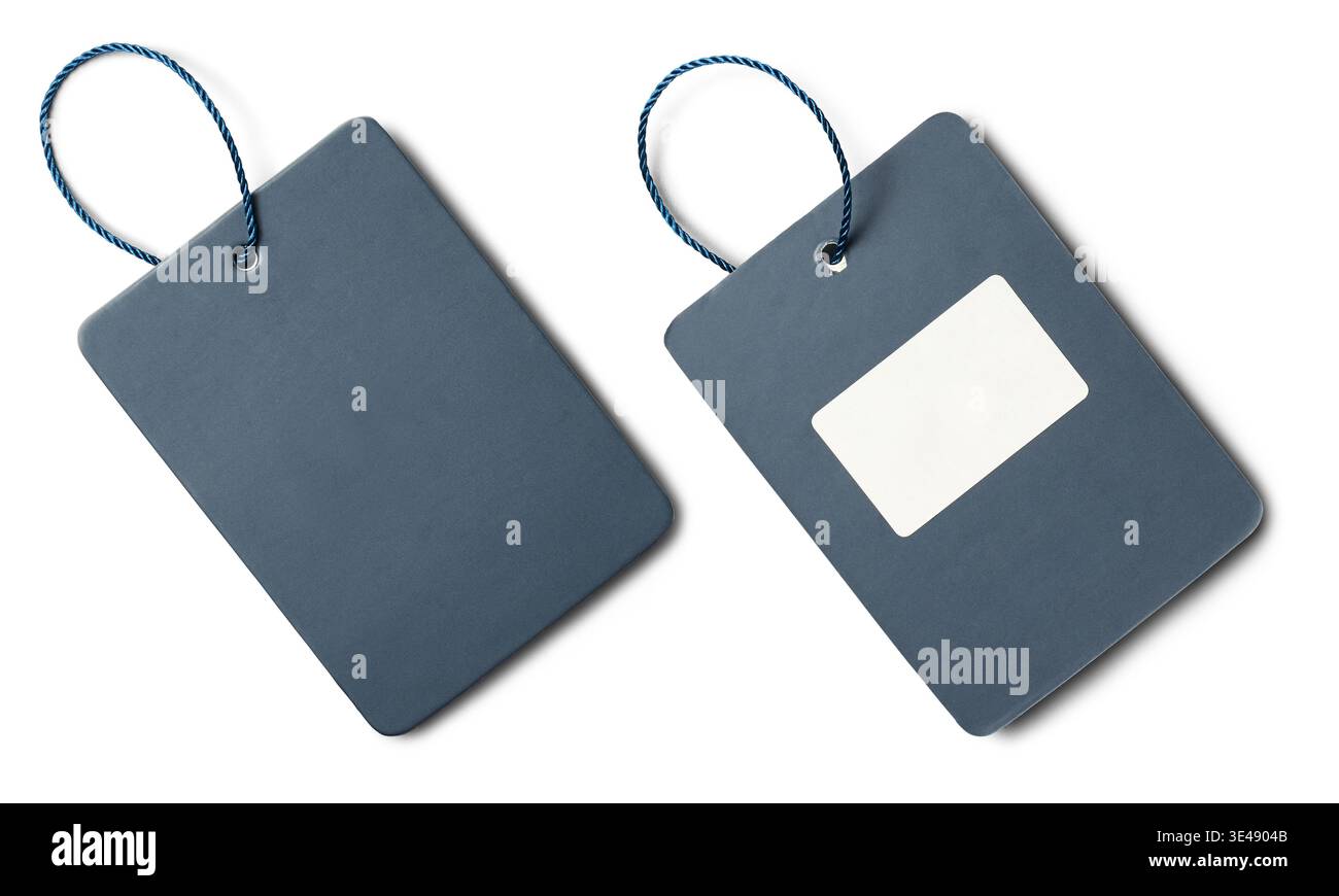 rectangular blank hang tags with blue braided strings isolated white background, mockup template with copy space, top view flat lay Stock Photo