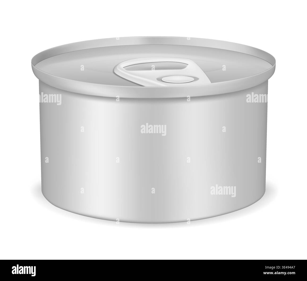 Round tin can with pull tab lid, realistic vector mockup illustration. Canned food metal package, mock-up. Blank aluminum cylinder container, template Stock Vector
