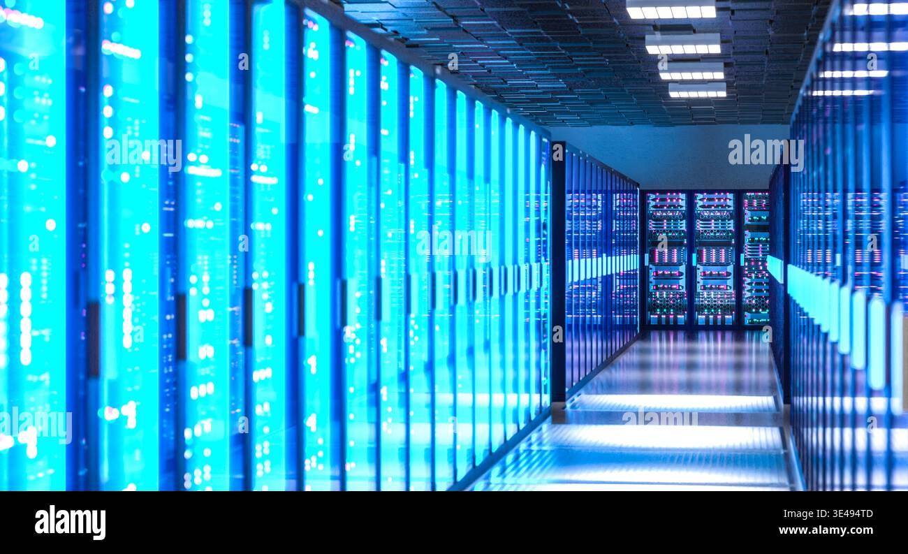 3d Server racks with glowing lights Stock Photo
