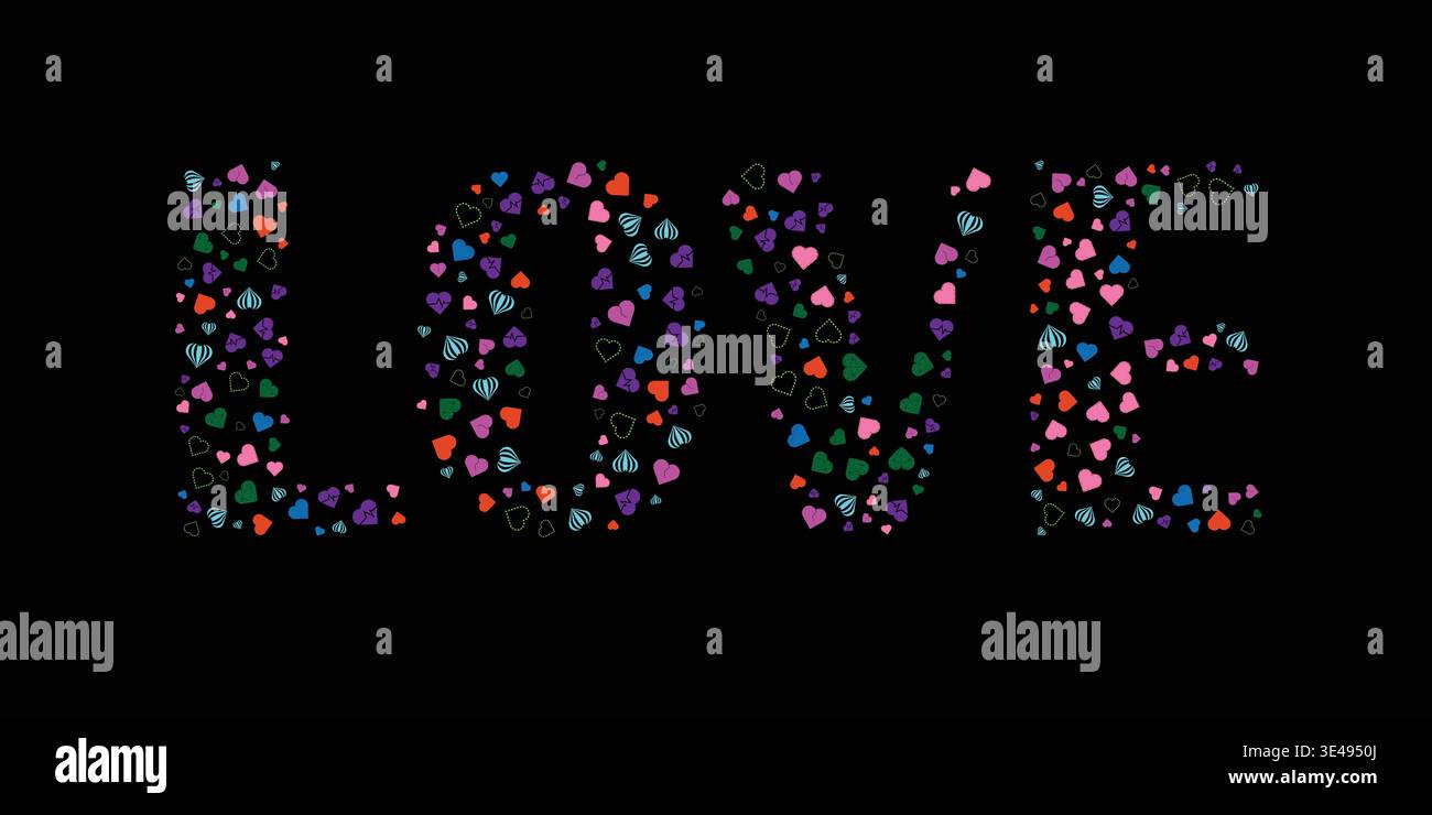 LOVE Typography with Colorful Heart Pattern Infill Stock Vector