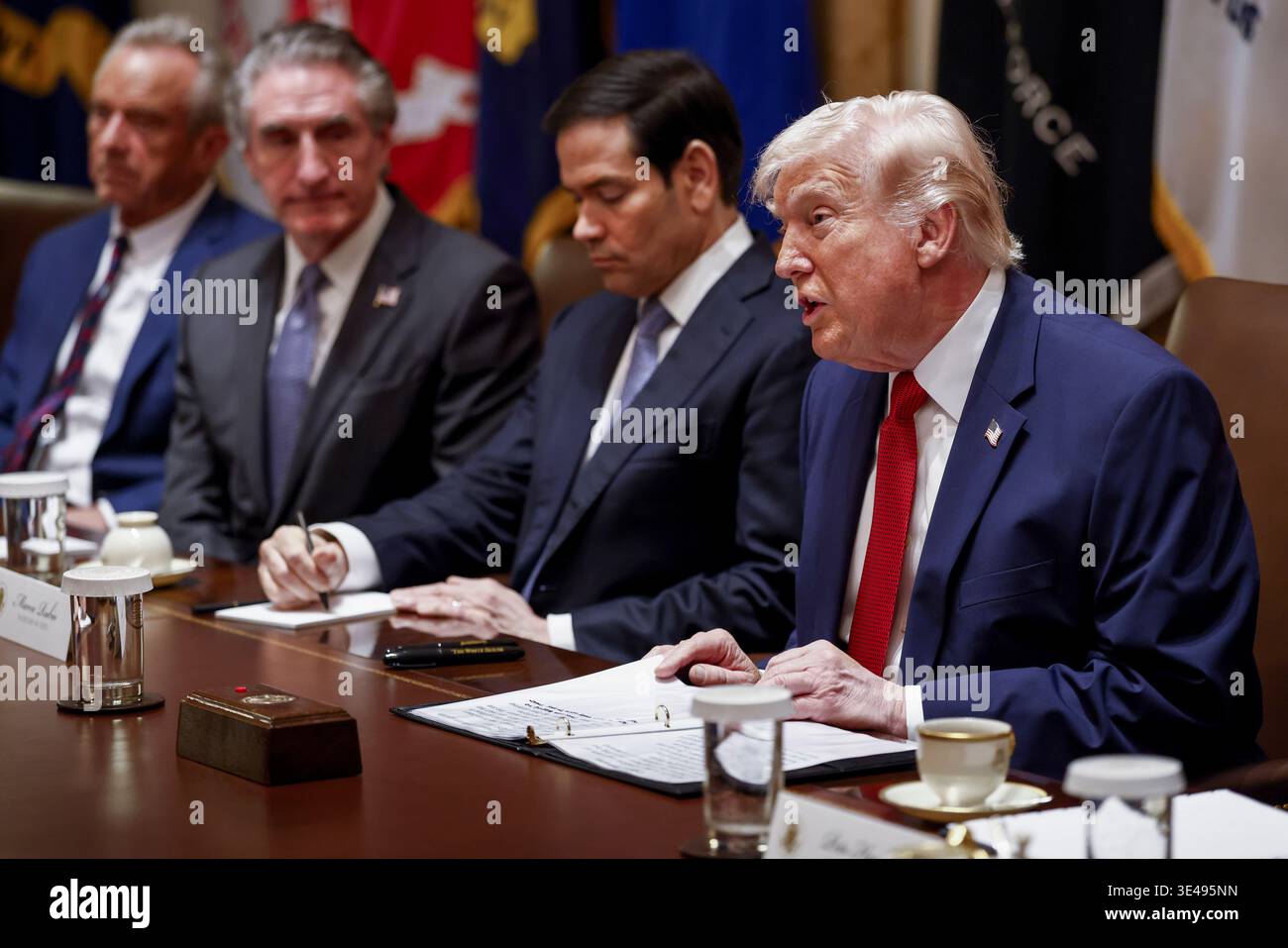 US President Donald J. Trump delivers remarks during a Cabinet meeting ...