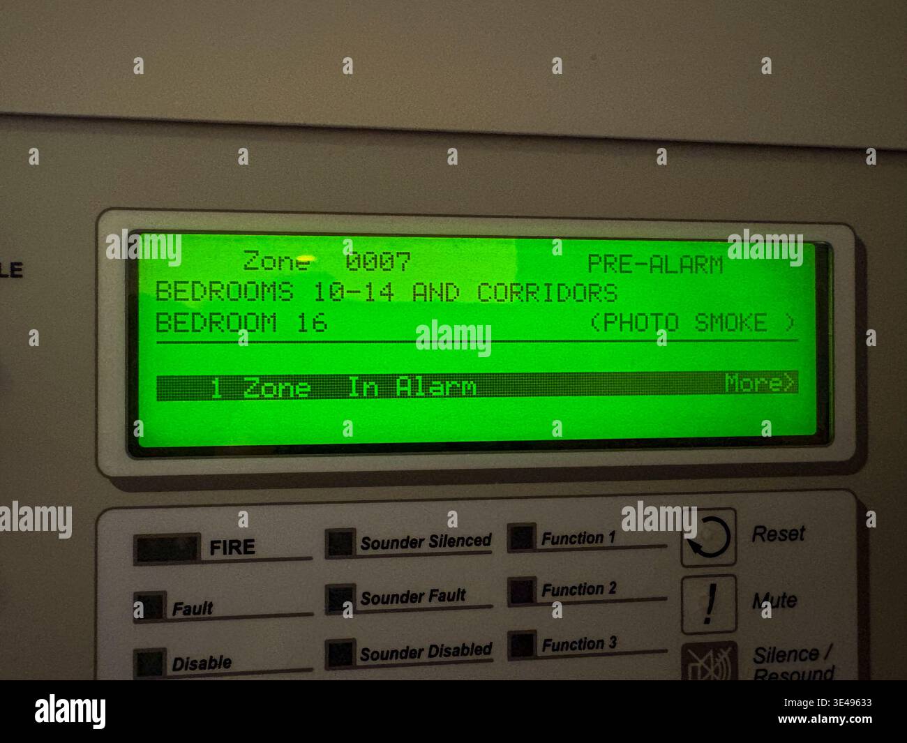 Hotel Fire alarm panel showing a pre-alarm in bedrooms 10-14 and ...