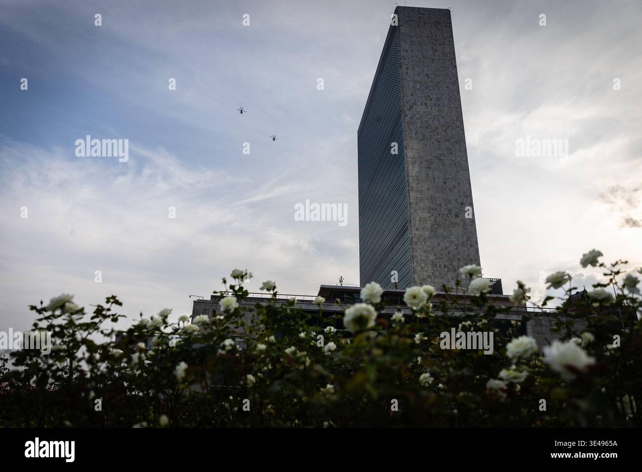 FILE - Military helicopters fly past the United Nations Headquarters ...