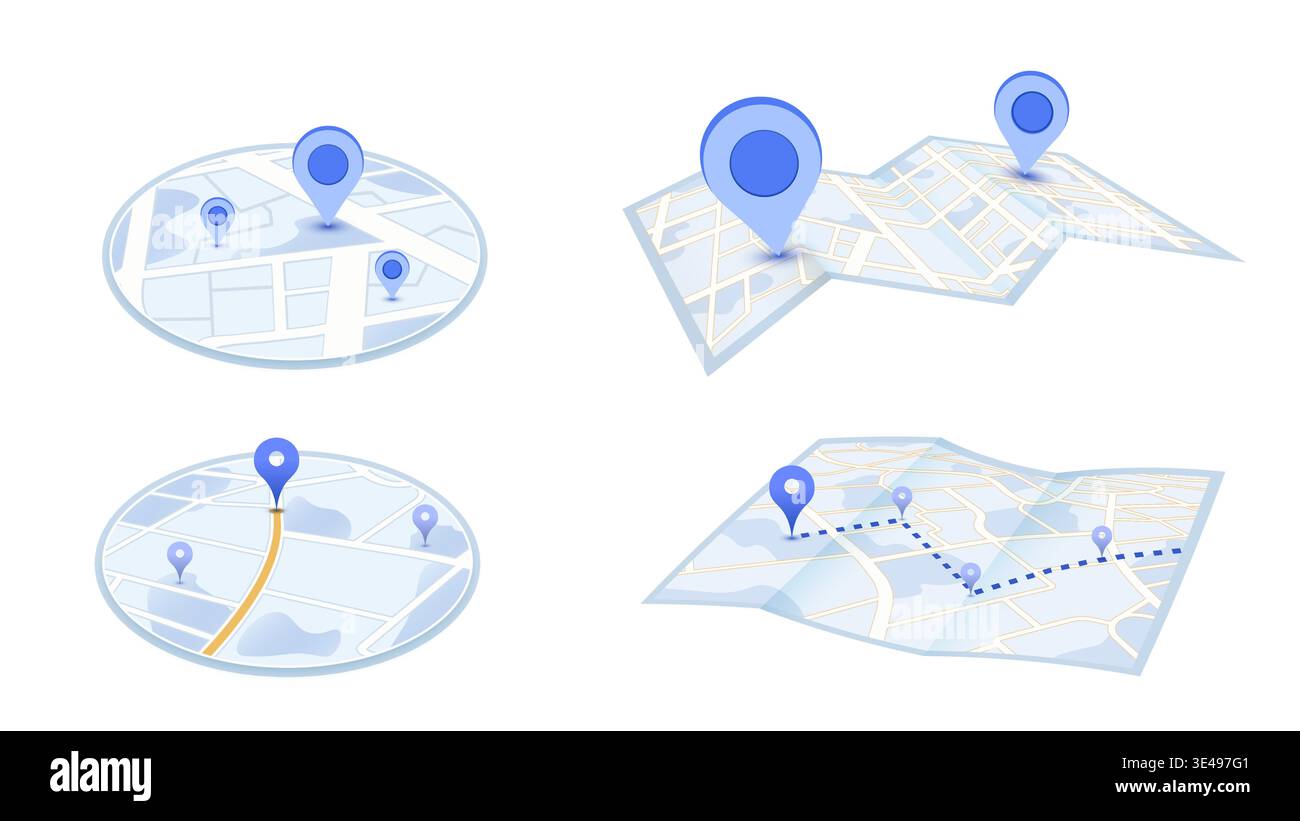 3D Map Navigation and Location Pin. Paper map navigation with location pins. Collection includes both circular and folded map design. Vector Stock Vector