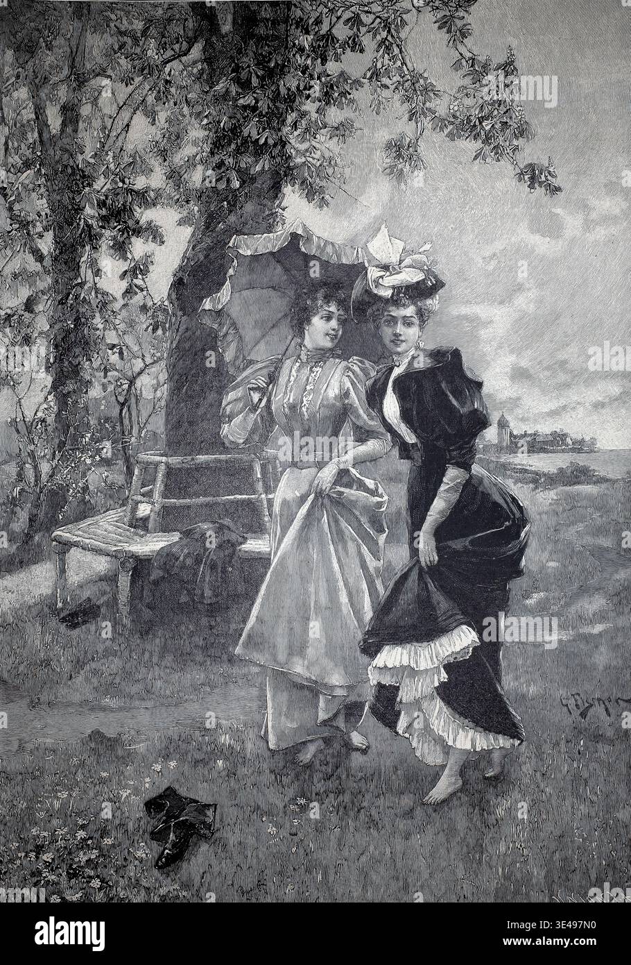 An experiment with the Kneipp cure, two elegant young ladies walk barefoot through a damp meadow, 1890, illustration, reproduction of a 19th-century original. Authentic, file restored for optimal use, exact date of the original unknown, historical. Stock Photo