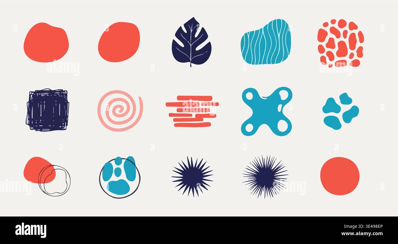 Collection of abstract organic shapes and doodle elements featuring bold colors for modern design projects. Stock Vector