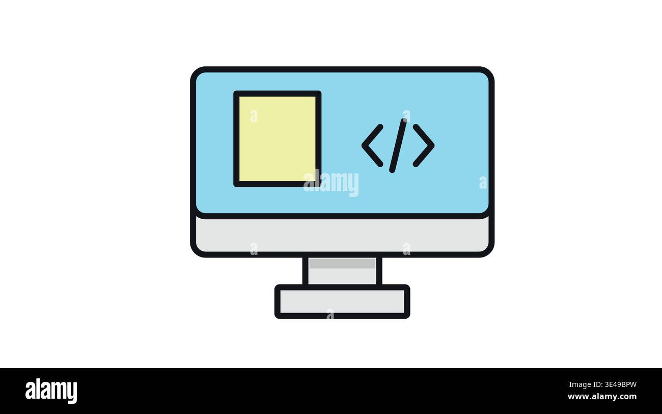 Desktop computer monitor icon with HTML code brackets on screen Stock Vector