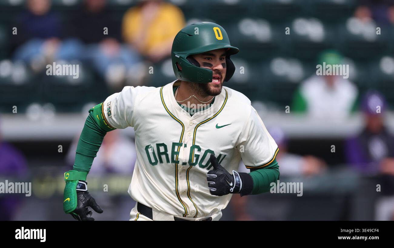 Oregon's Angel Laya (53) runs to first base during an NCAA baseball ...