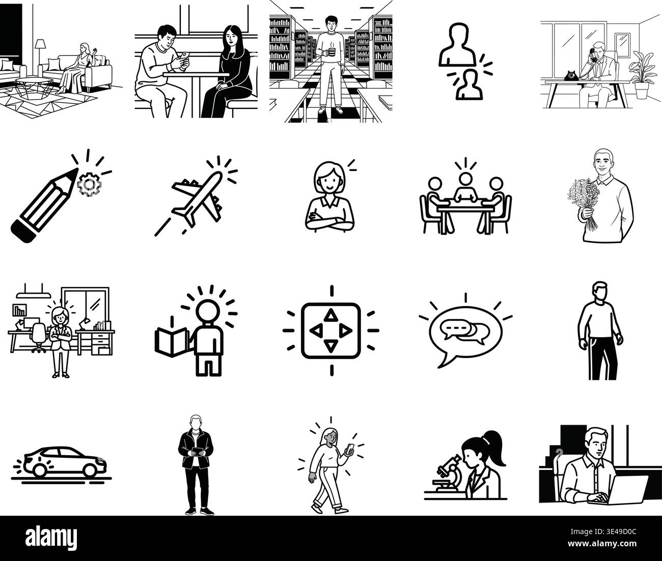 A collection of black and white icons depicting various business and ...