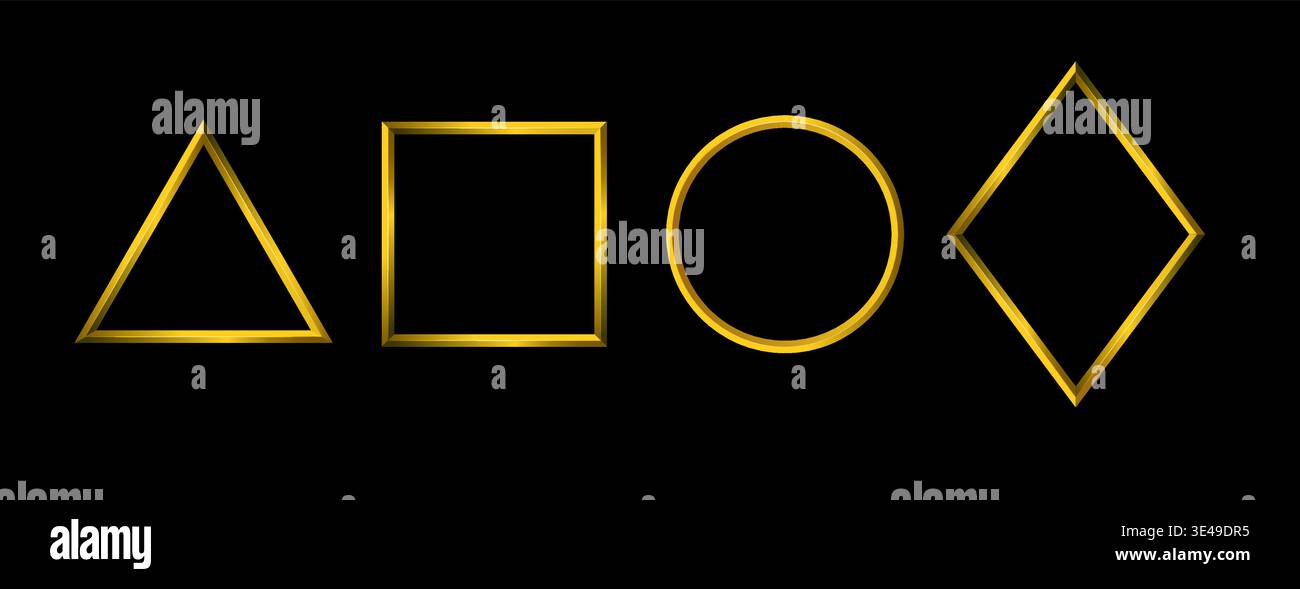 4 shapes in golden gradient colors. Tridimensional frames with metallic effect Stock Vector