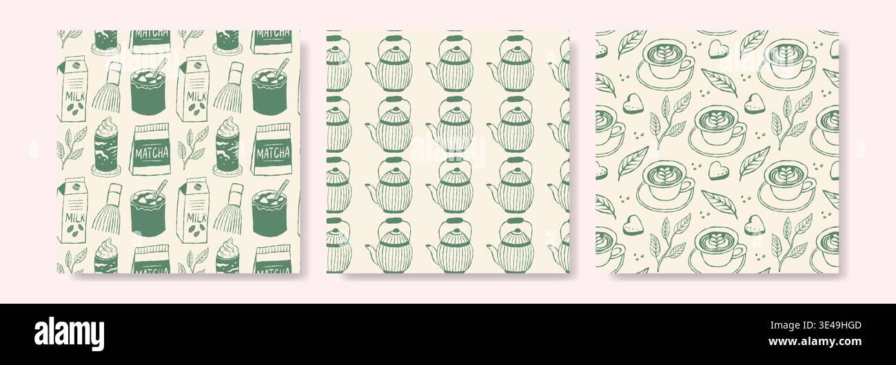 Three patterned designs feature whimsical green matcha tea on cream backgrounds. Stock Vector