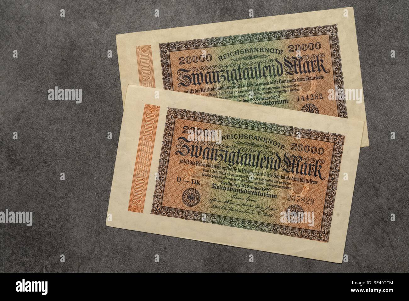 Two old Reichsbank notes for 20000 marks from 1923, evidence of German ...