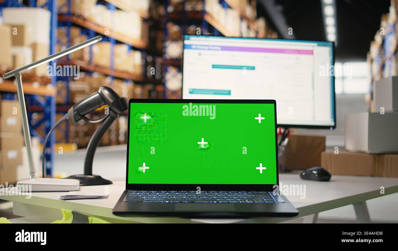 Warehouse Rack Screen Empty warehouse depot running green screen on computer display ...