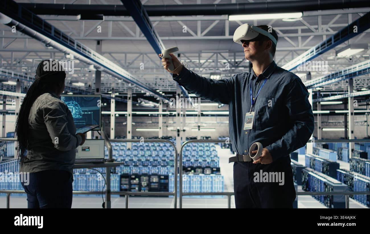 Data center employee check AI dashboard using VR headset during systems review. Server hub worker using virtual reality tech to test artificial intelligence tools for reliable performance, camera A Stock Photo