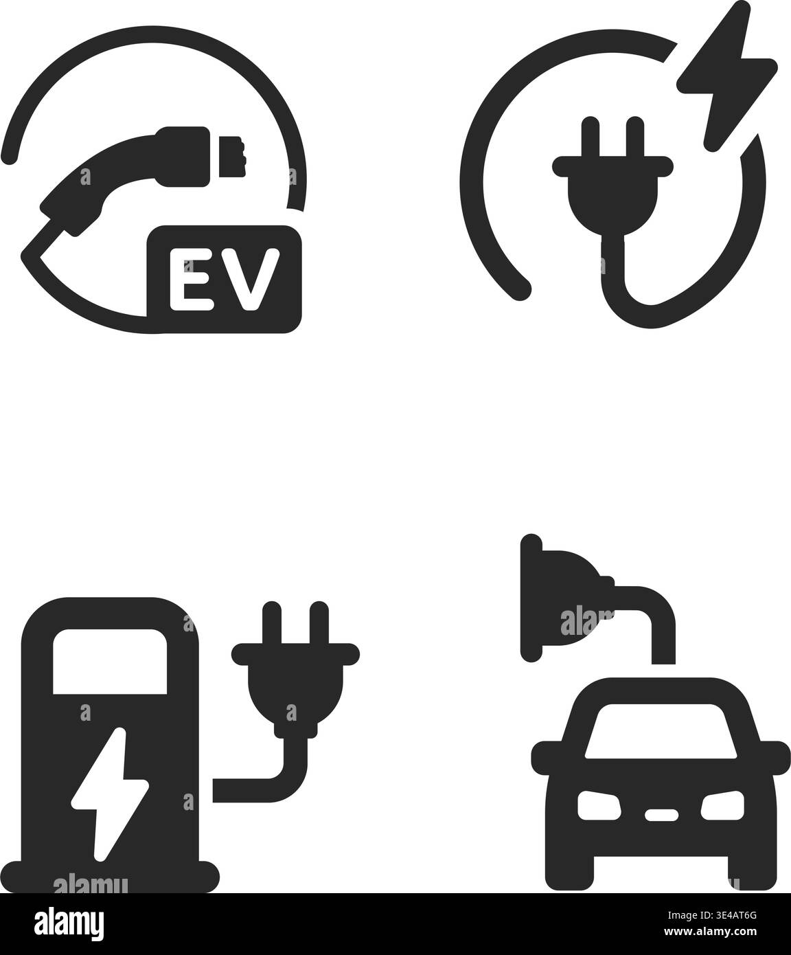 A set of black vector icons representing EV charging points, electric ...