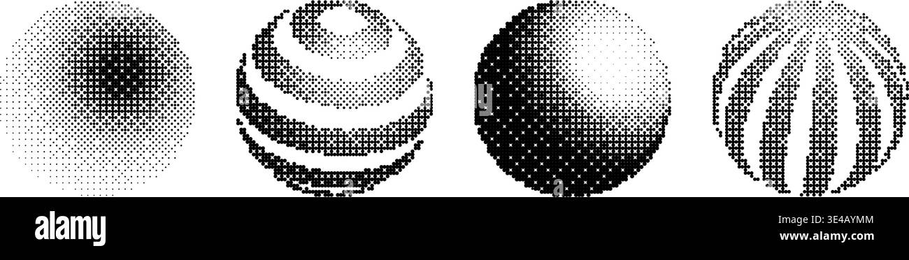 Pixel sphere shape set. Bitmap 3D globe form collection. Dithering circle element pack for graphic design, banner, poster, leaflet. Rasterized effect Halftone ball. Vector trendy Y2K geometric bundle Stock Vector