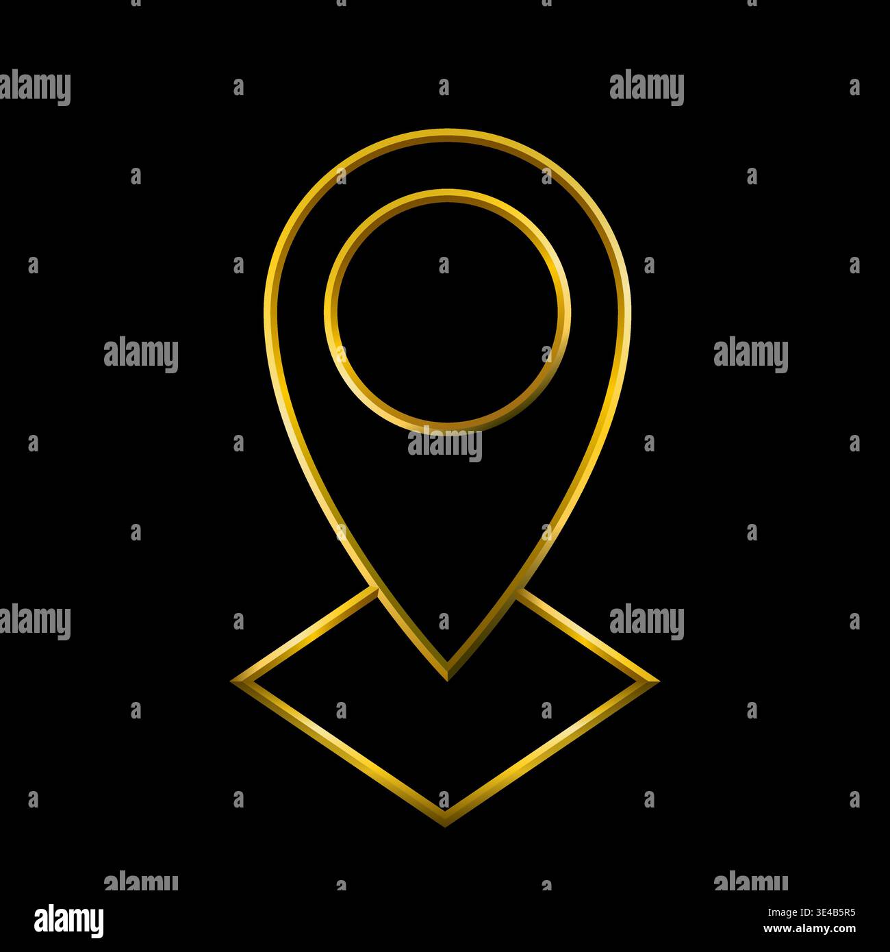 Position map pin icon, tridimensional metallic golden lines, black background. Navigation pin, travel, direction, location, place, destination symbol. Stock Vector